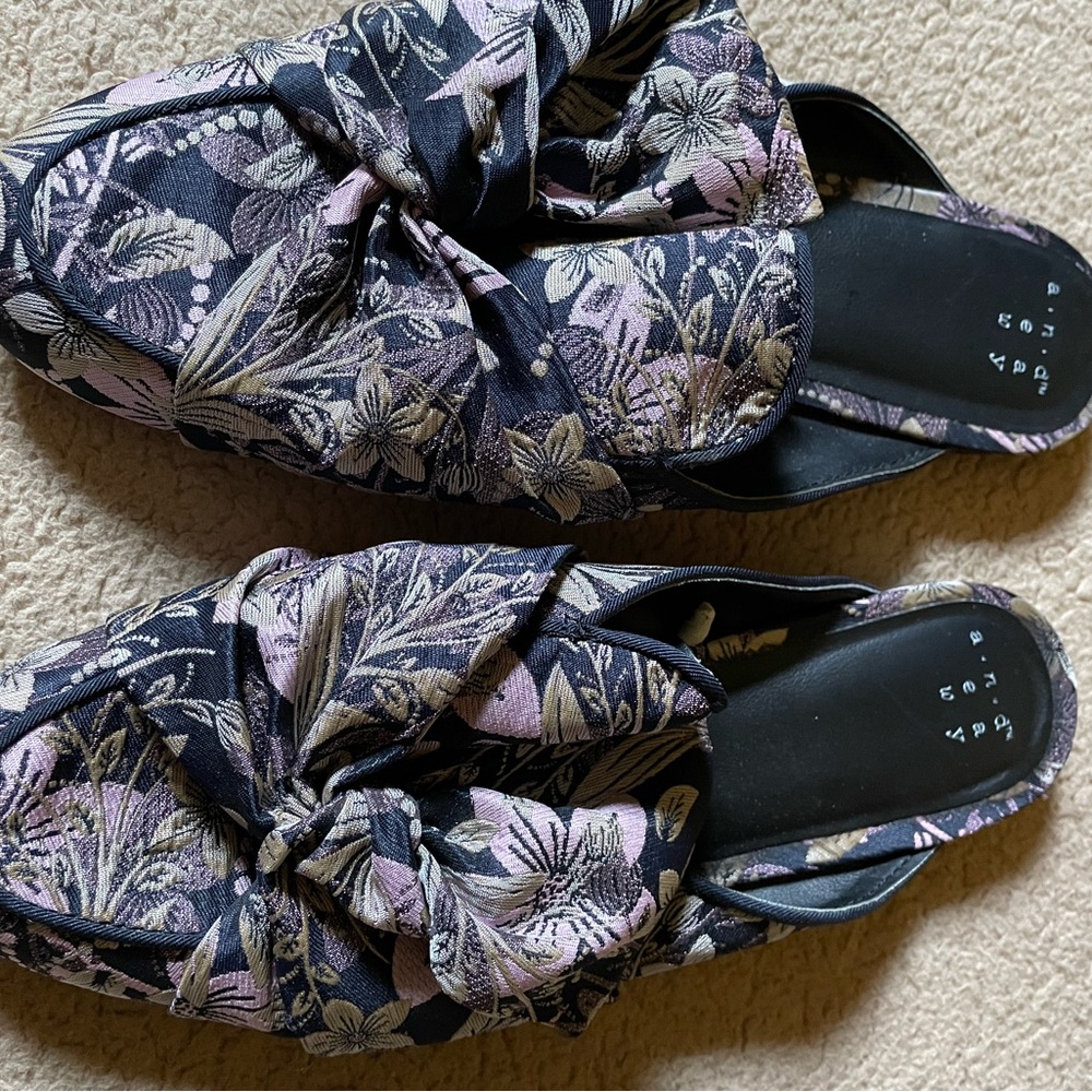 A New Day, slip on mules, beautiful tapestry with bows